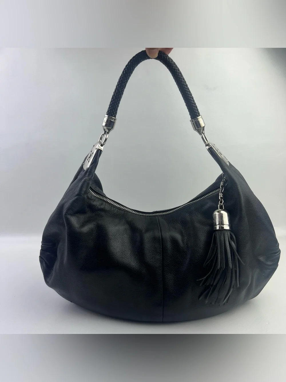 Cole Haan Collection F06 Pebbled Leather Hobo Bag Braid Handle Tassel